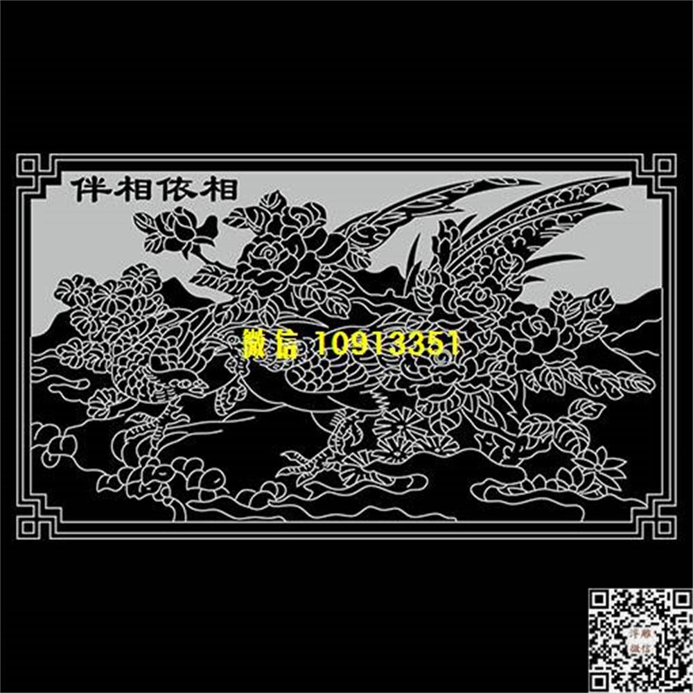 精雕图266相依相伴牡丹鸟精雕图线雕图线条图单线铣底图_电脑雕刻plt文泰矢量图精雕图浮雕图